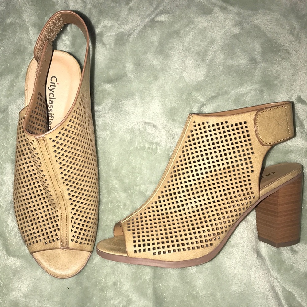 Peep toe block booties